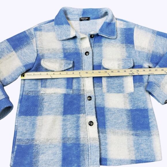 Nasty Gal Plaid Shacket Jacket Womens Size M Blue Ivory Poly Fleece Gorpcore - Picture 7 of 8